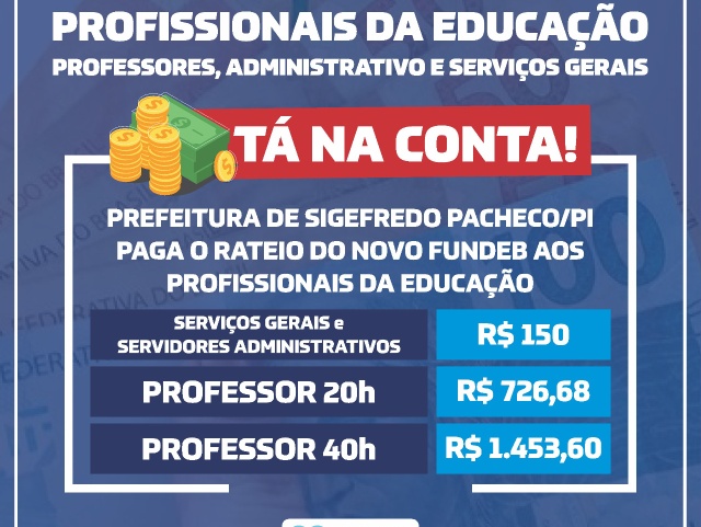 Prefeitura de Sigefredo Pacheco (PI) realiza pagamento do abono aos profissionais da educação